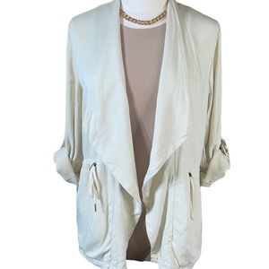 Peace & Pearls Ivory Cream Open Drawstring Cinch Waist Adjustable Sleeve Jacket